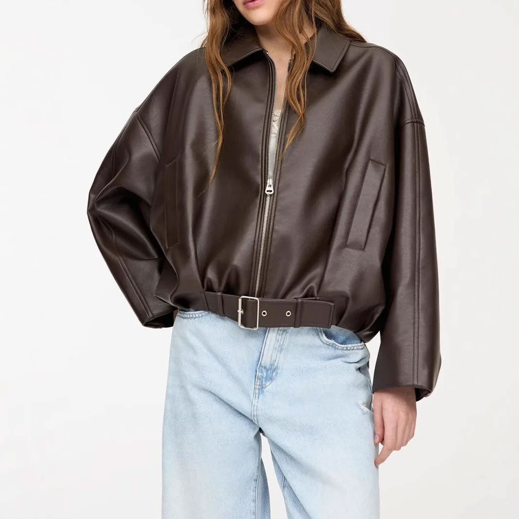 Retro PU Leather Turn-Down Jacket