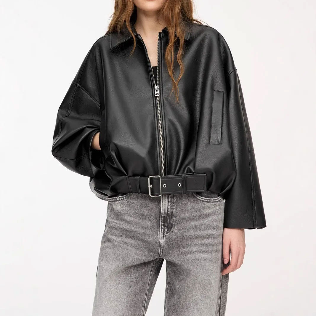 Retro PU Leather Turn-Down Jacket