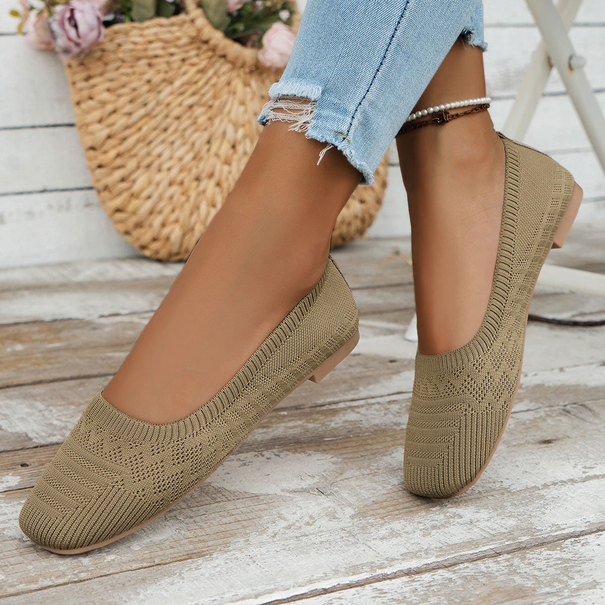 Solid Mesh Square-Toe Ballet Flats