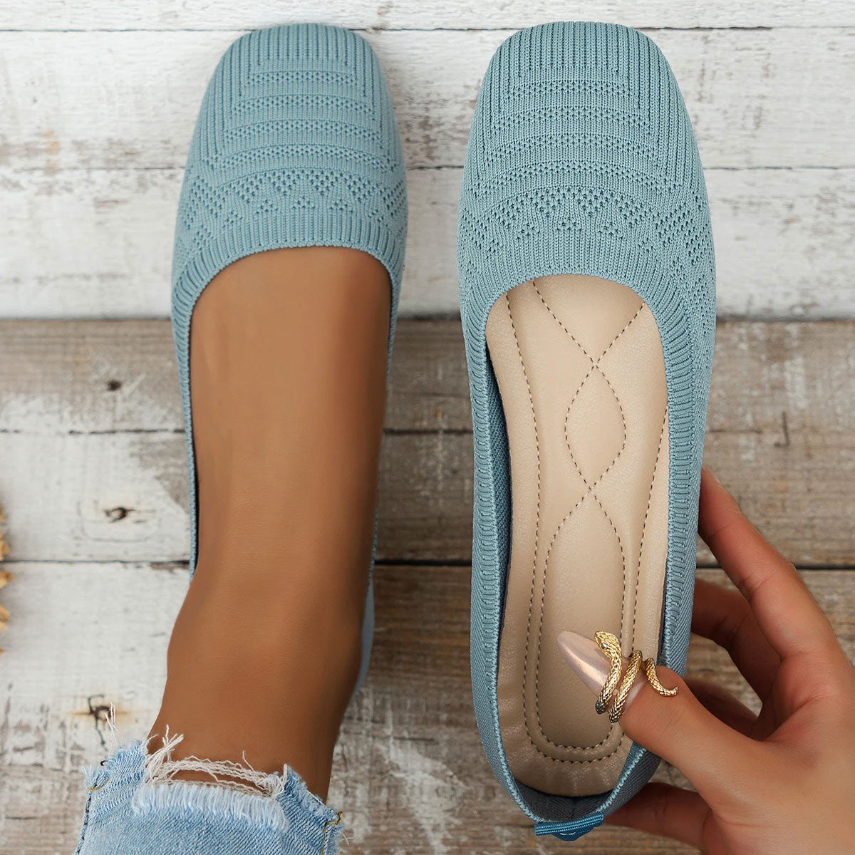Solid Mesh Square-Toe Ballet Flats