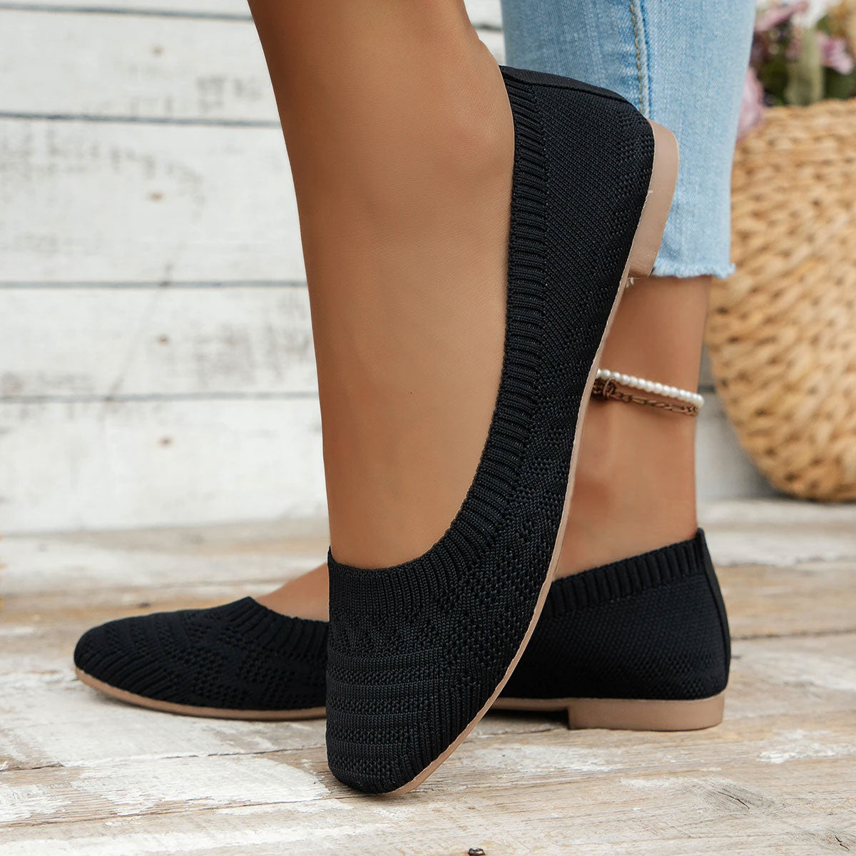 Solid Mesh Square-Toe Ballet Flats