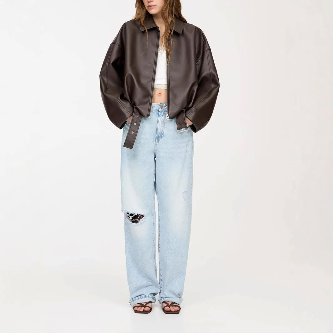 Retro PU Leather Turn-Down Jacket